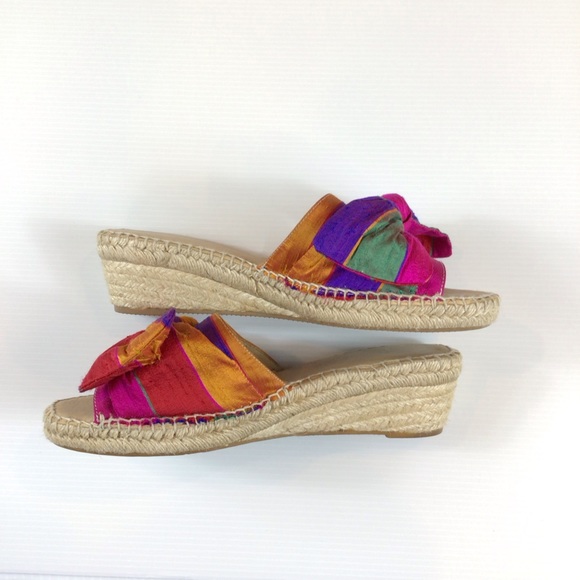 Carmen Saiz Espadrille Wedge Slide Sandals Bright Colorful Silk w/ Bow sz 39/8 - Picture 5 of 8